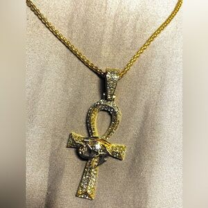 Gold Ankh Pendant Necklace with Crystal Accents